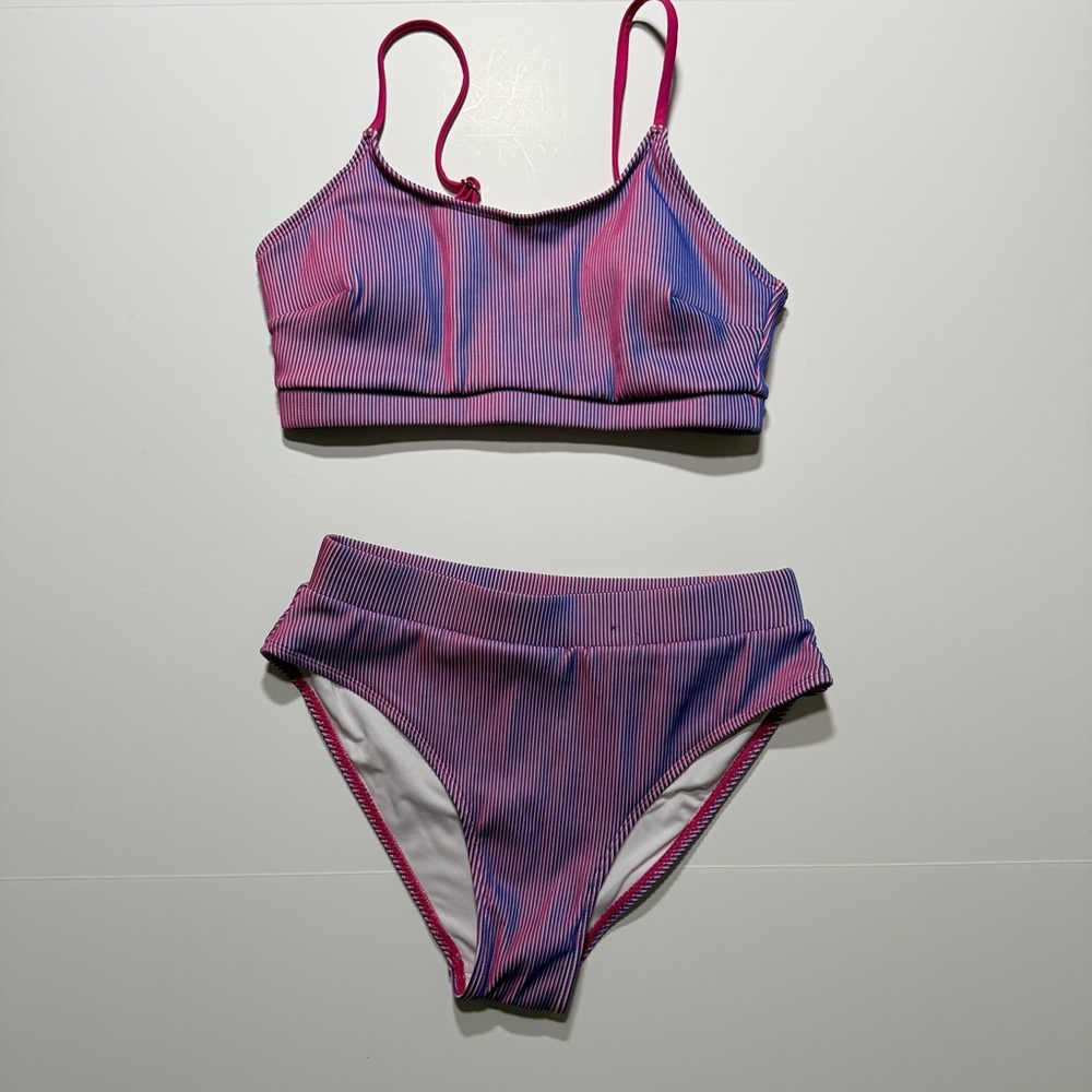 Women’s Blue and Pink Iridescent Ribbed Two Piece Bikini